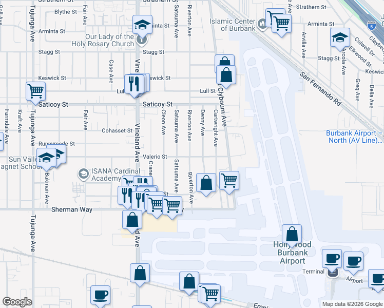 map of restaurants, bars, coffee shops, grocery stores, and more near 7402 Riverton Avenue in Los Angeles