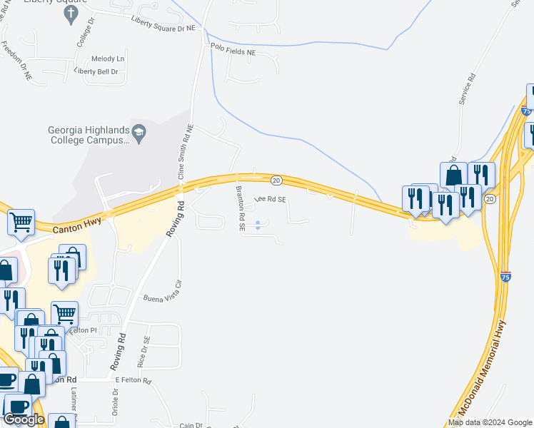 map of restaurants, bars, coffee shops, grocery stores, and more near 25 Stoneybrook Court Southeast in Cartersville