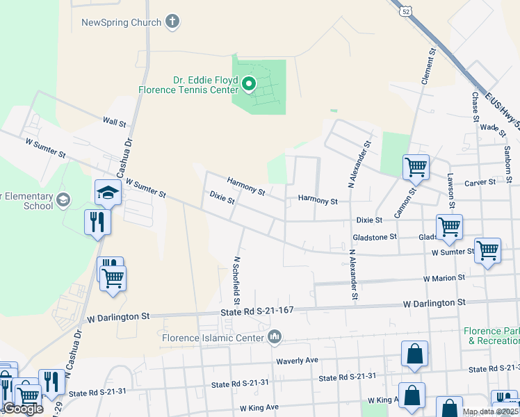map of restaurants, bars, coffee shops, grocery stores, and more near 1210 Dixie Street in Florence