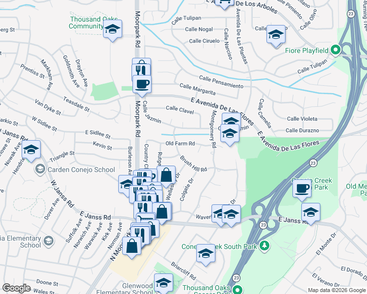 map of restaurants, bars, coffee shops, grocery stores, and more near 828 Old Farm Road in Thousand Oaks