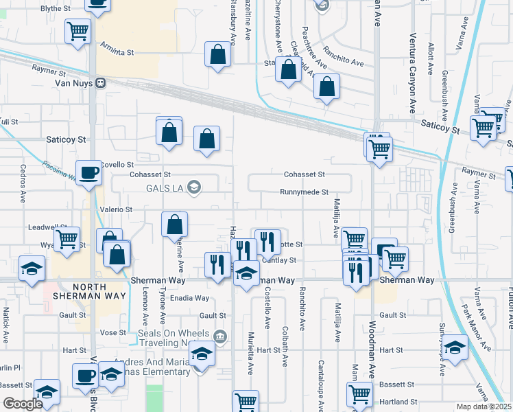 map of restaurants, bars, coffee shops, grocery stores, and more near 7401 Costello Avenue in Los Angeles