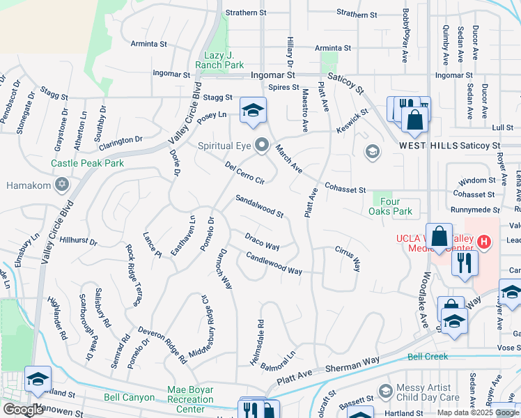 map of restaurants, bars, coffee shops, grocery stores, and more near 23704 Sandalwood Street in Los Angeles