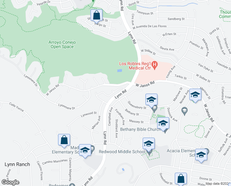 map of restaurants, bars, coffee shops, grocery stores, and more near 1970 Ferndale Place in Thousand Oaks