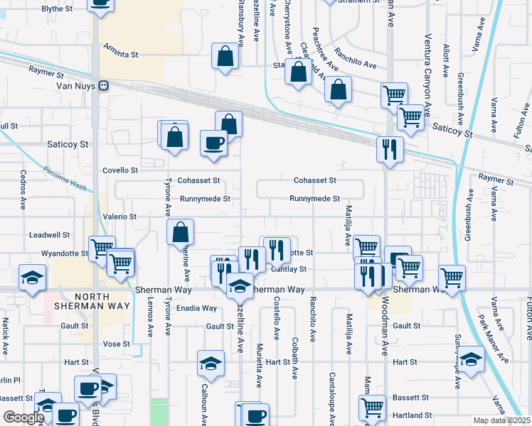 map of restaurants, bars, coffee shops, grocery stores, and more near 7401 Costello Avenue in Los Angeles
