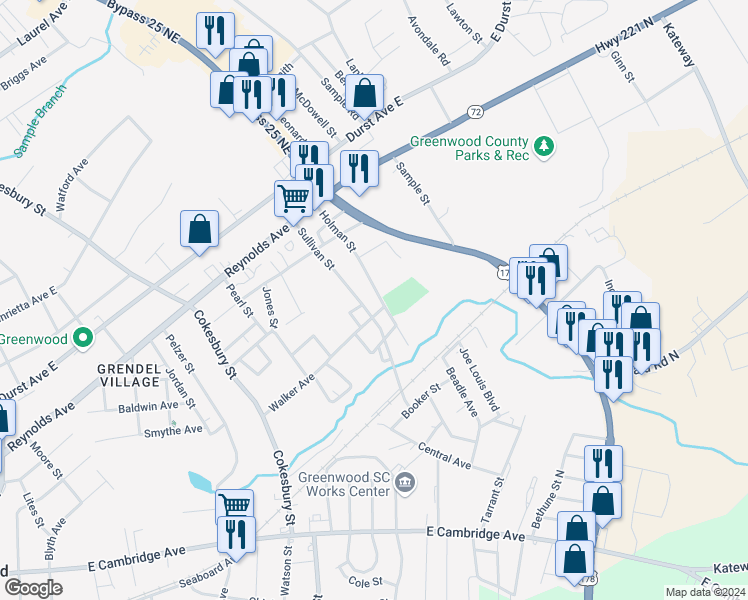map of restaurants, bars, coffee shops, grocery stores, and more near 301 Holman Street in Greenwood