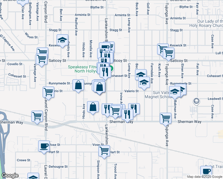 map of restaurants, bars, coffee shops, grocery stores, and more near 11669 Valerio Street in Los Angeles