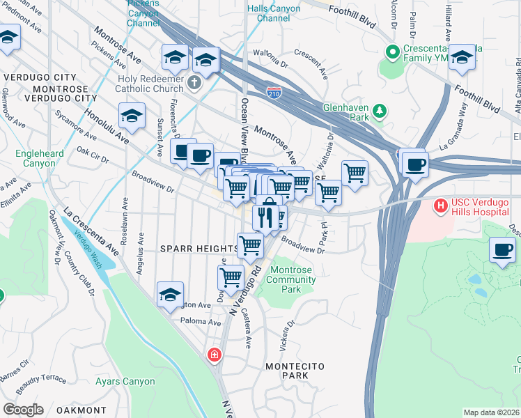 map of restaurants, bars, coffee shops, grocery stores, and more near 3651 Market Street in Glendale