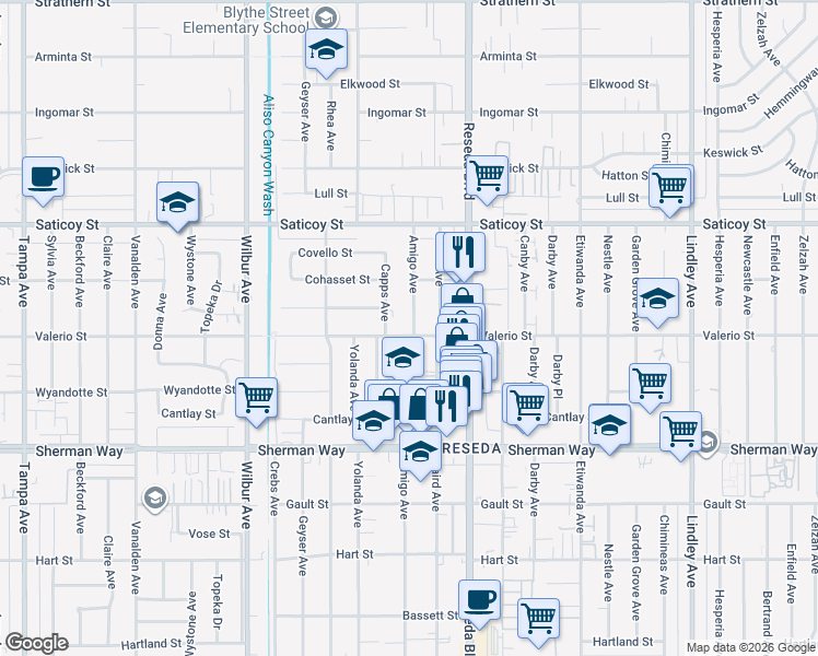 map of restaurants, bars, coffee shops, grocery stores, and more near 18605 Valerio Street in Los Angeles