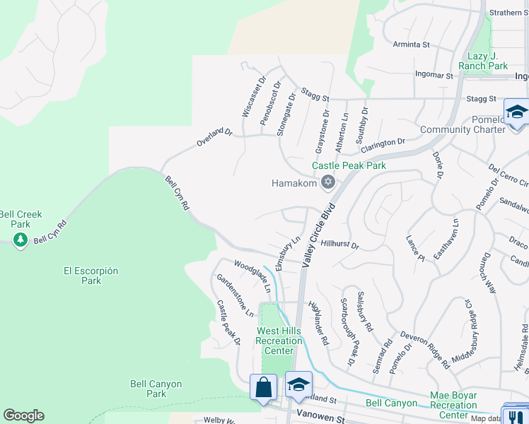 map of restaurants, bars, coffee shops, grocery stores, and more near 24571 Indian Hill Lane in Los Angeles