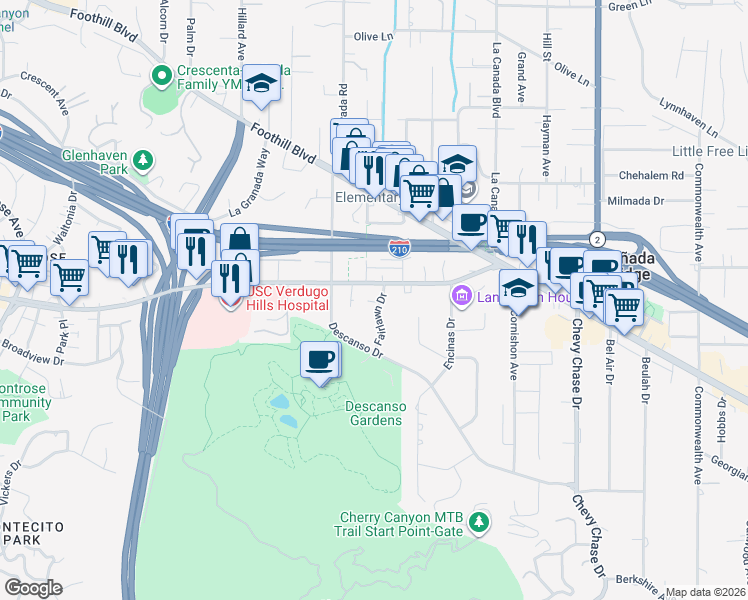 map of restaurants, bars, coffee shops, grocery stores, and more near 4359 Fairlawn Drive in La Cañada Flintridge