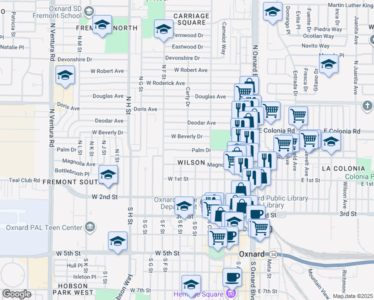 map of restaurants, bars, coffee shops, grocery stores, and more near 505 Magnolia Avenue in Oxnard