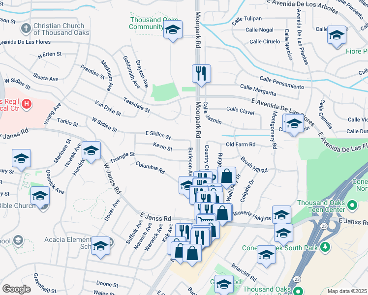 map of restaurants, bars, coffee shops, grocery stores, and more near 417 Kevin Street in Thousand Oaks