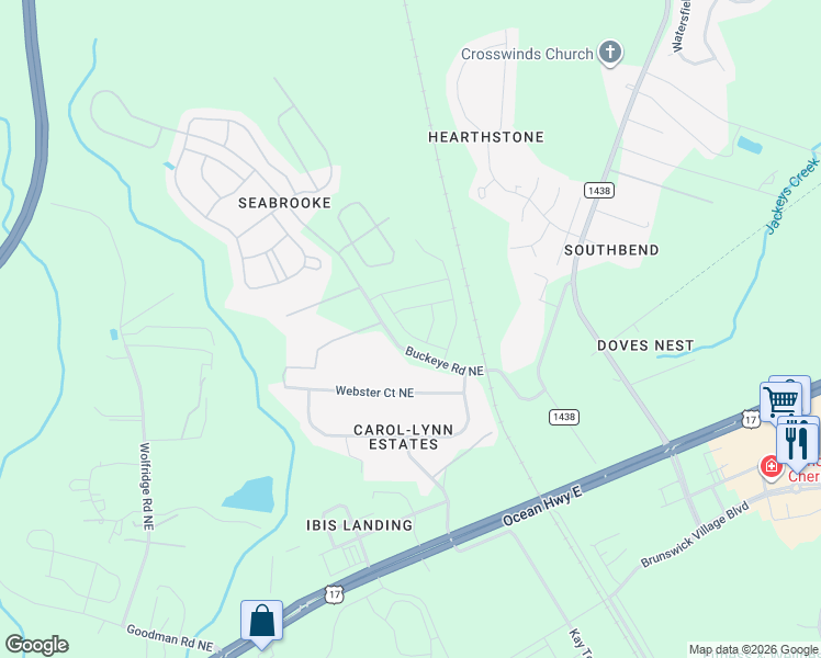 map of restaurants, bars, coffee shops, grocery stores, and more near 249 Buckeye Road Northeast in Leland