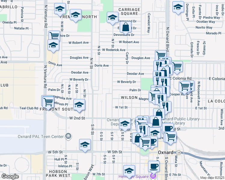 map of restaurants, bars, coffee shops, grocery stores, and more near 313 North F Street in Oxnard