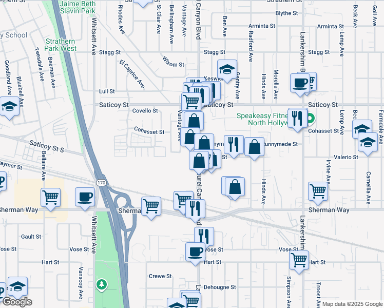 map of restaurants, bars, coffee shops, grocery stores, and more near 7361 Laurel Canyon Boulevard in Los Angeles