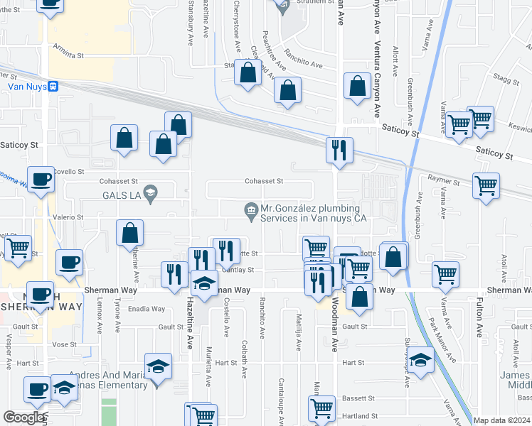 map of restaurants, bars, coffee shops, grocery stores, and more near 13857 Valerio Street in Los Angeles