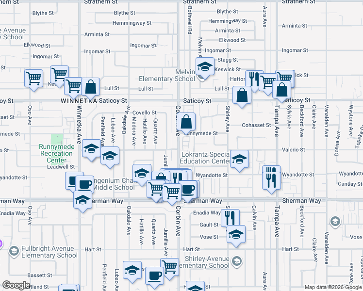 map of restaurants, bars, coffee shops, grocery stores, and more near 7420 Corbin Avenue in Los Angeles