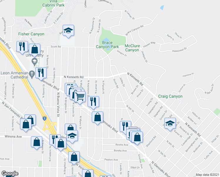 map of restaurants, bars, coffee shops, grocery stores, and more near Orchard Drive in Burbank