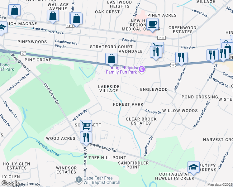 map of restaurants, bars, coffee shops, grocery stores, and more near 410 Forest Park Road in Wilmington