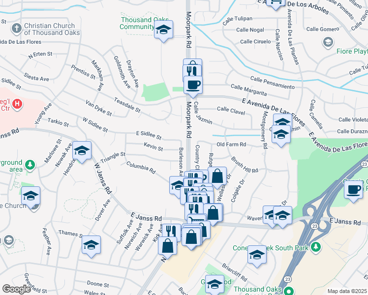 map of restaurants, bars, coffee shops, grocery stores, and more near 1990 Burleson Avenue in Thousand Oaks