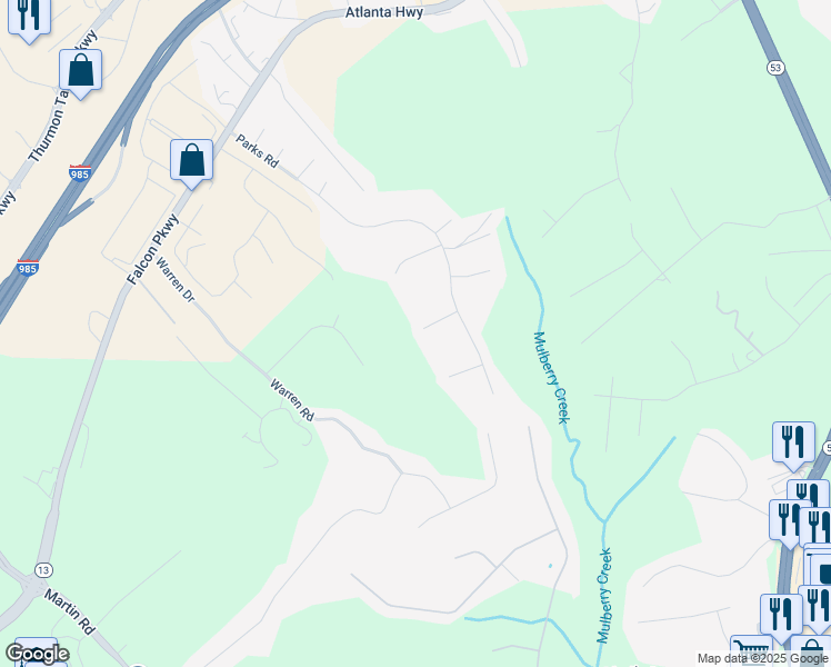map of restaurants, bars, coffee shops, grocery stores, and more near 4059 Boulder Place in Flowery Branch