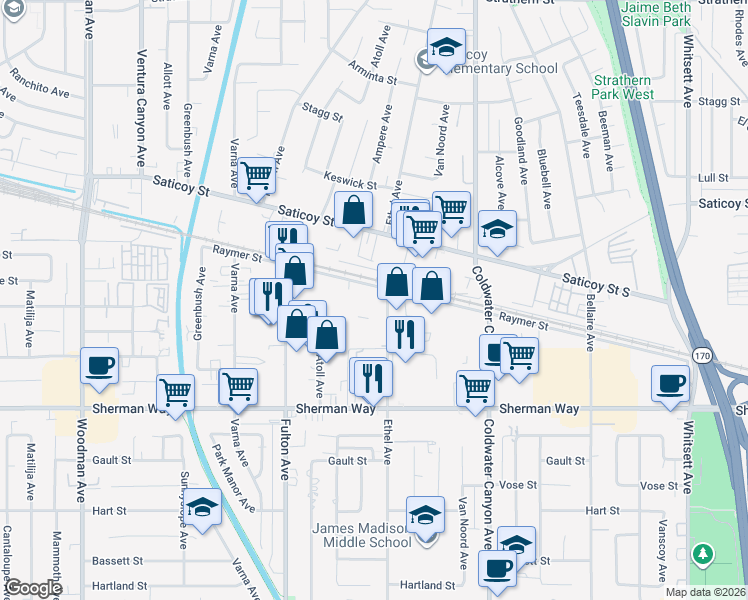 map of restaurants, bars, coffee shops, grocery stores, and more near 7347 Ethel Avenue in Los Angeles