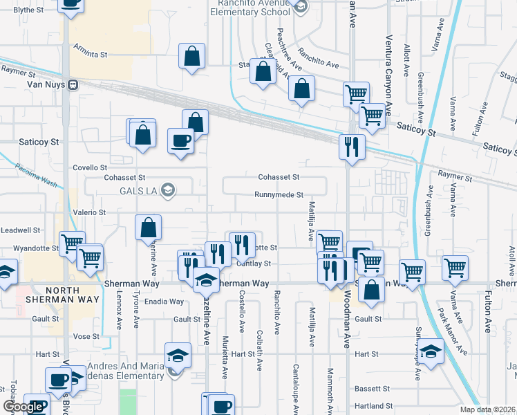 map of restaurants, bars, coffee shops, grocery stores, and more near 13944 Valerio Street in Los Angeles