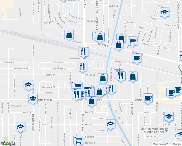 map of restaurants, bars, coffee shops, grocery stores, and more near 13617 Valerio Street in Los Angeles