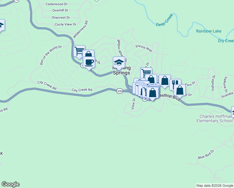 map of restaurants, bars, coffee shops, grocery stores, and more near Loma Drive in Running Springs