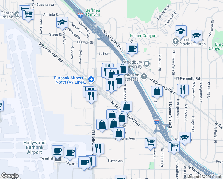 map of restaurants, bars, coffee shops, grocery stores, and more near 3058 Lima Street in Burbank