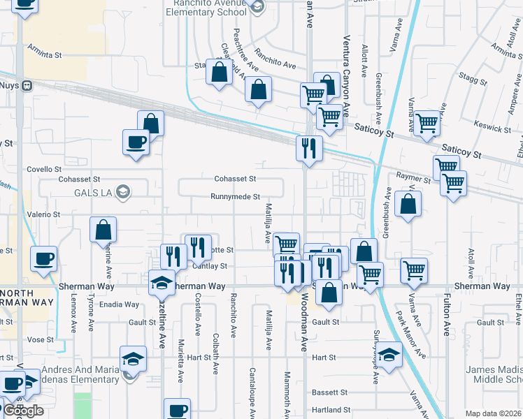 map of restaurants, bars, coffee shops, grocery stores, and more near 13811 Valerio Street in Los Angeles