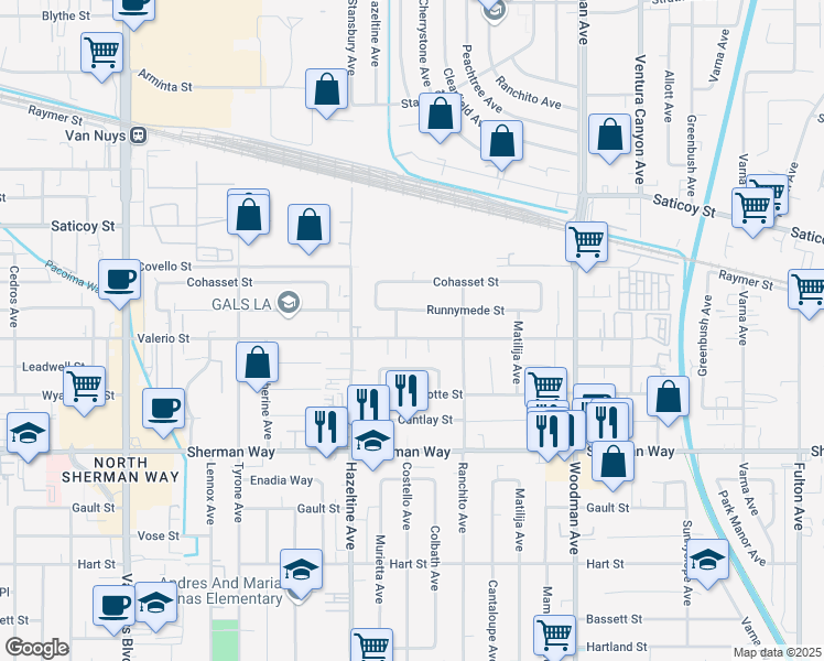 map of restaurants, bars, coffee shops, grocery stores, and more near 13857 Valerio Street in Los Angeles