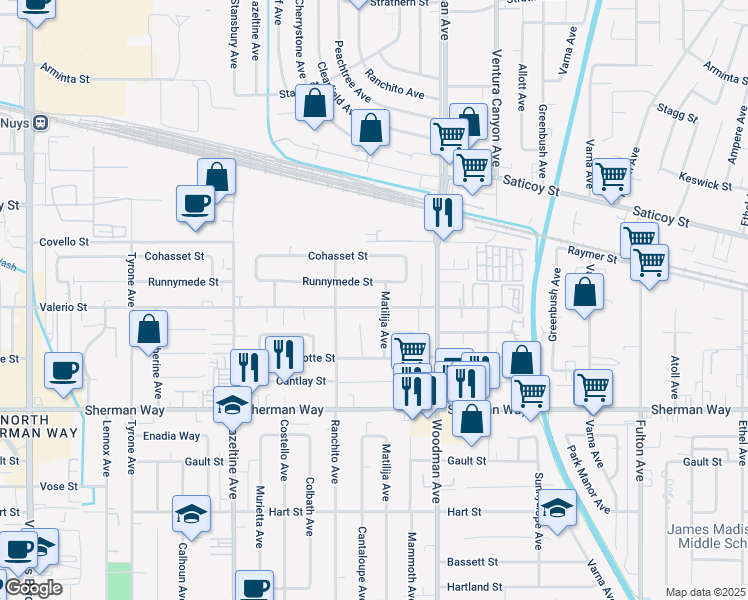 map of restaurants, bars, coffee shops, grocery stores, and more near 13811 Valerio Street in Los Angeles
