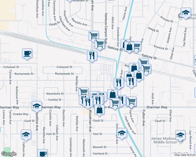 map of restaurants, bars, coffee shops, grocery stores, and more near 13623 Valerio Street in Los Angeles