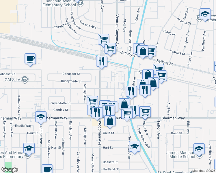 map of restaurants, bars, coffee shops, grocery stores, and more near 13610 Valerio Street in Los Angeles