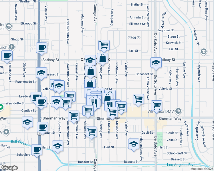 map of restaurants, bars, coffee shops, grocery stores, and more near 7357 Eton Avenue in Los Angeles