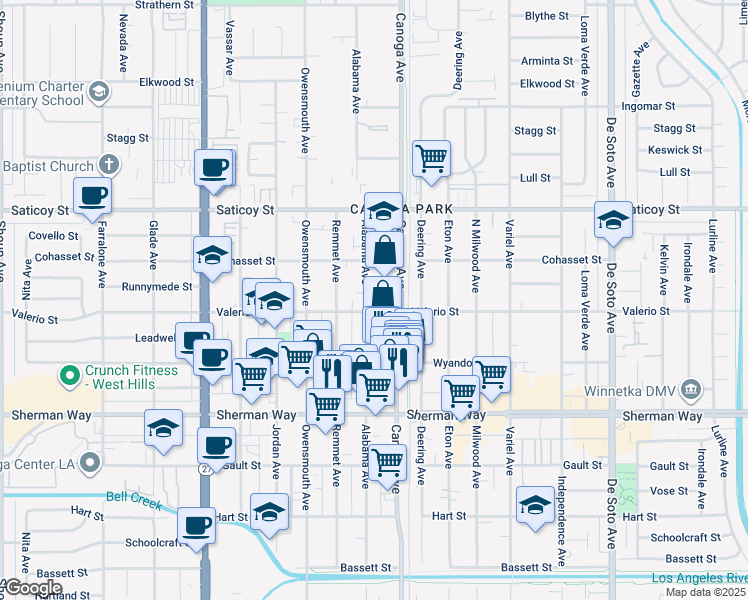 map of restaurants, bars, coffee shops, grocery stores, and more near 7358 Alabama Avenue in Los Angeles