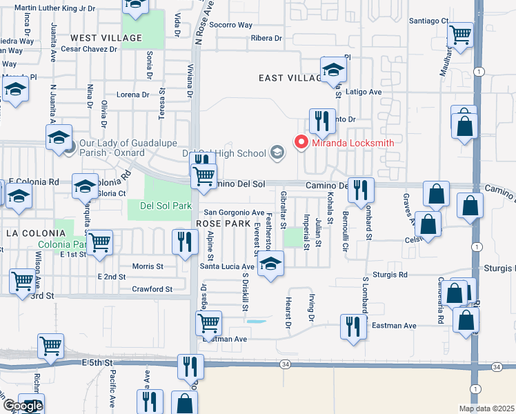 map of restaurants, bars, coffee shops, grocery stores, and more near 330 Everest Street in Oxnard