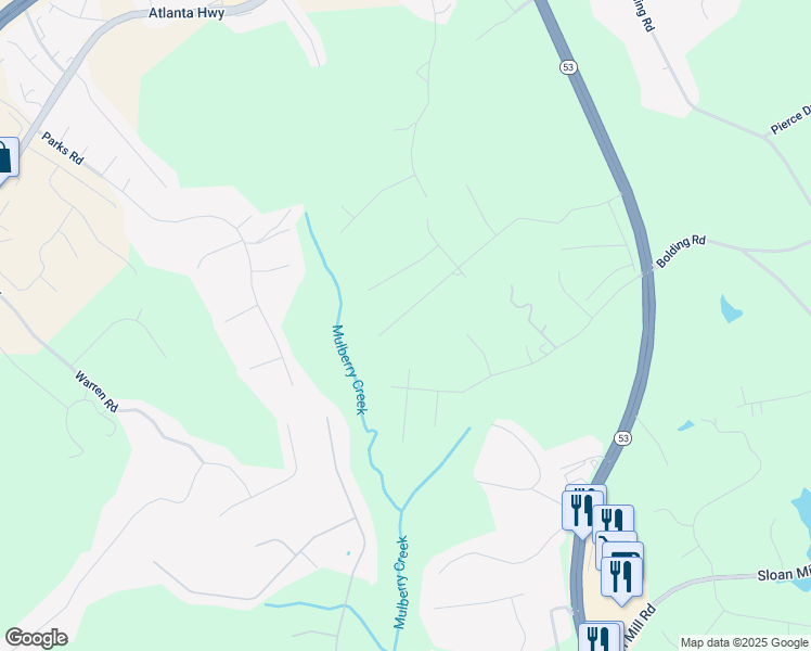 map of restaurants, bars, coffee shops, grocery stores, and more near 3855 Valley Creek Drive in Flowery Branch