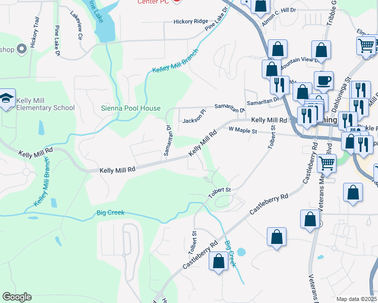map of restaurants, bars, coffee shops, grocery stores, and more near 329 Kelly Mill Road in Cumming