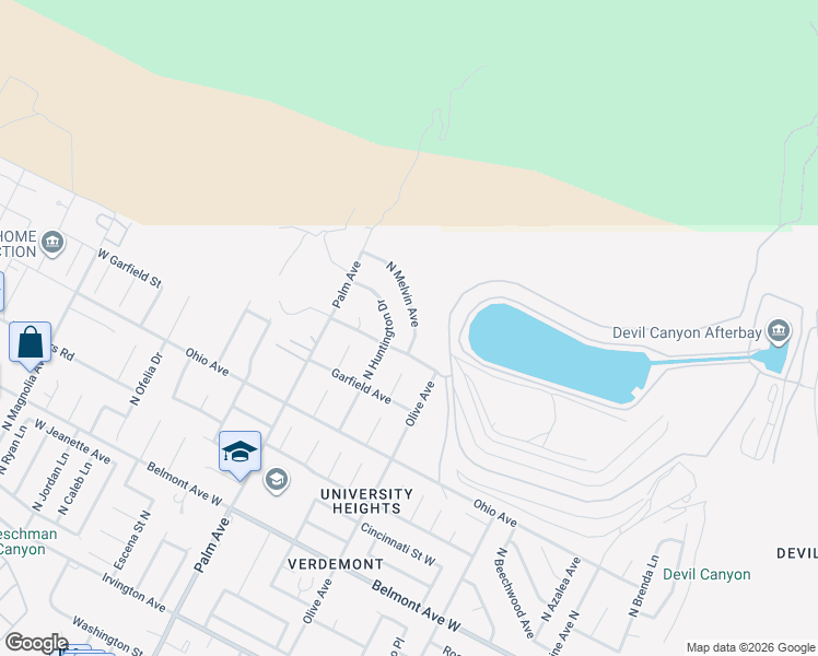 map of restaurants, bars, coffee shops, grocery stores, and more near 6820 North Melvin Avenue in San Bernardino