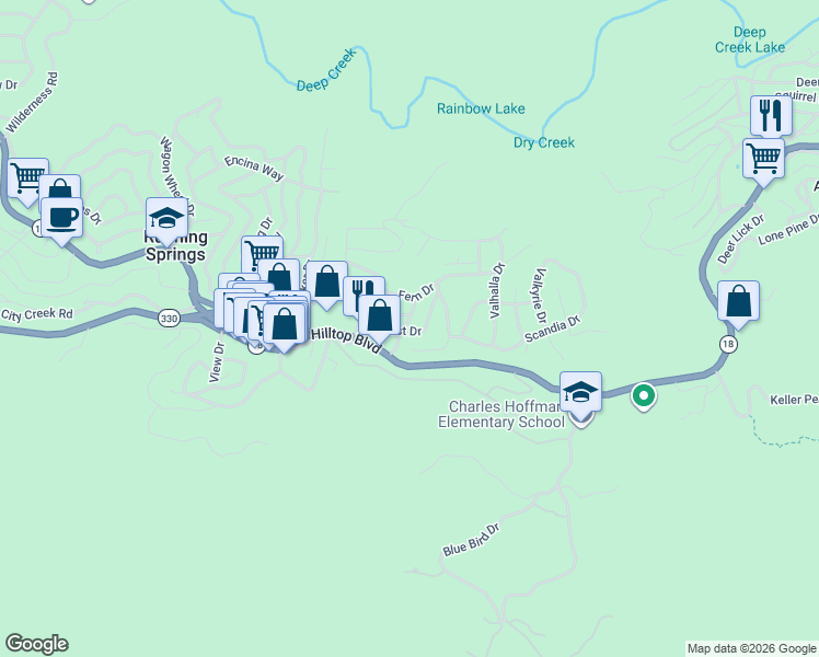 map of restaurants, bars, coffee shops, grocery stores, and more near 2673 Soutar Drive in Running Springs