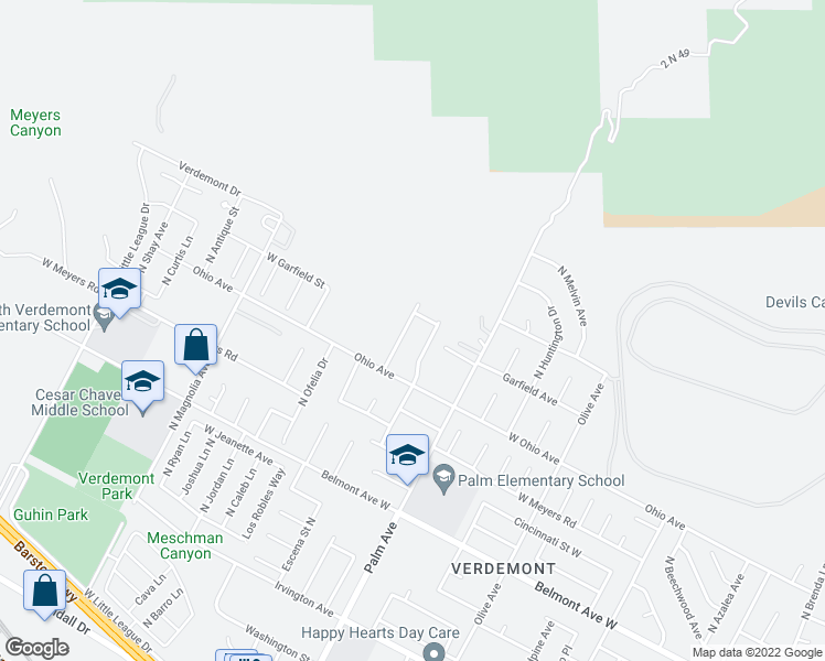 map of restaurants, bars, coffee shops, grocery stores, and more near 6835 Escena Street North in San Bernardino