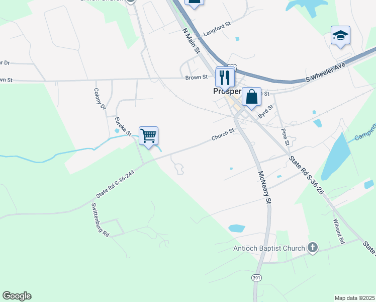 map of restaurants, bars, coffee shops, grocery stores, and more near 143 Church Street in Prosperity
