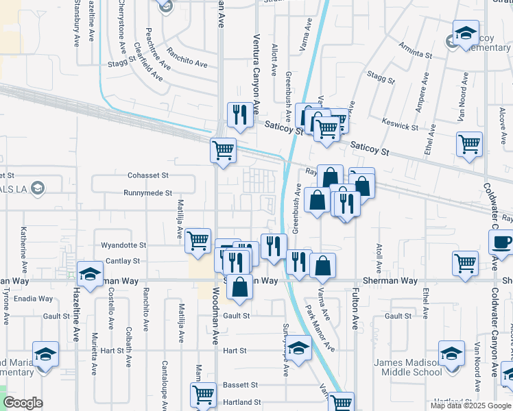 map of restaurants, bars, coffee shops, grocery stores, and more near 13561 Valerio Street in Los Angeles