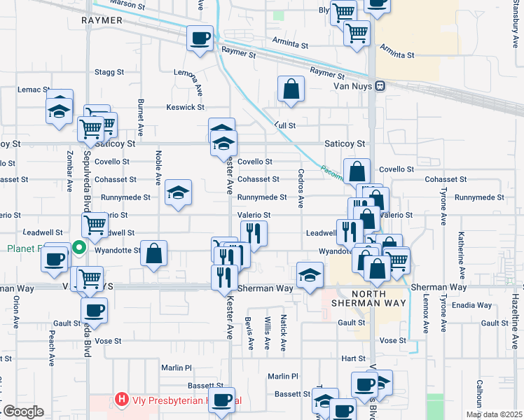 map of restaurants, bars, coffee shops, grocery stores, and more near 14760 Valerio Street in Los Angeles