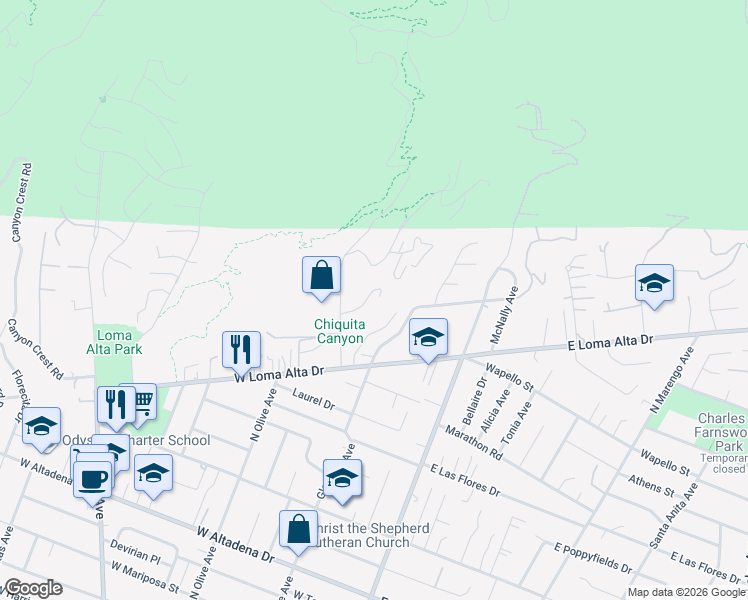 map of restaurants, bars, coffee shops, grocery stores, and more near 3624 Leilani Way in Altadena