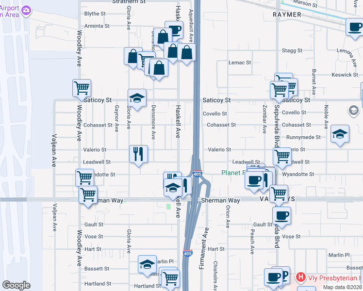 map of restaurants, bars, coffee shops, grocery stores, and more near 7406 Haskell Avenue in Los Angeles
