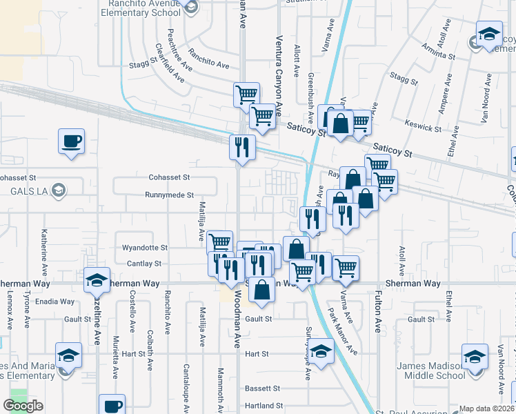 map of restaurants, bars, coffee shops, grocery stores, and more near 13610 Valerio Street in Los Angeles