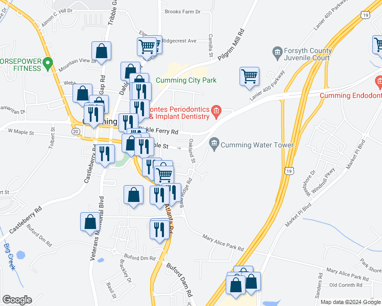 map of restaurants, bars, coffee shops, grocery stores, and more near 284 Oakland Street in Cumming